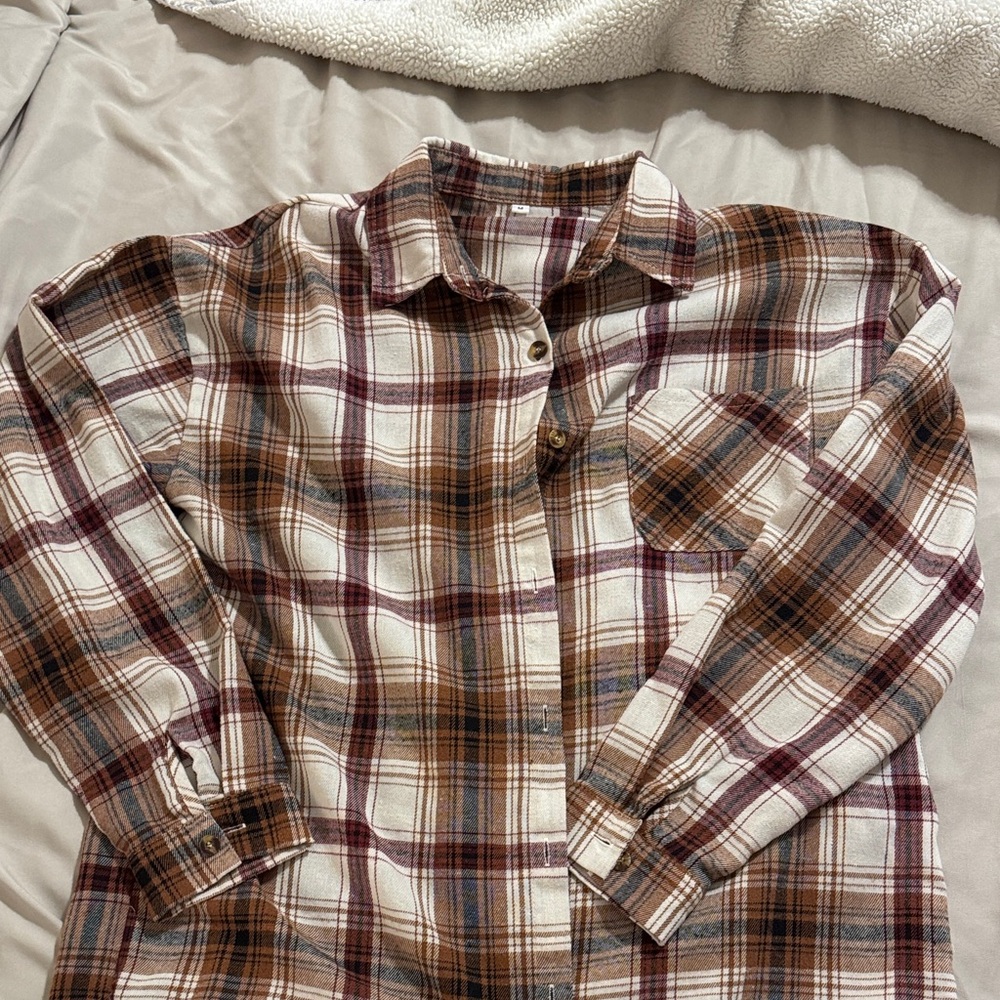 Amazon Women's Plaid Button Down Shirt - Brown, White, Red